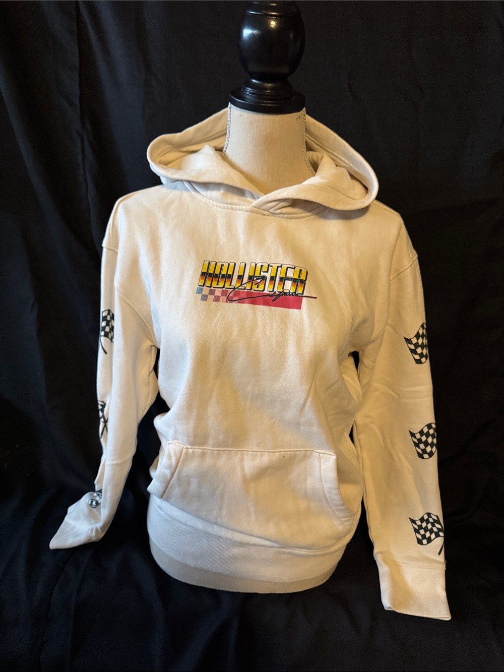 Hollister Cream Pullover Hoodie with Racing Graphics